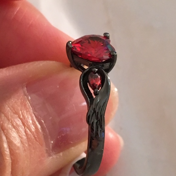Sterling Silver Black Ruby Heart Wing Promise Ring - Picture 2 of 4